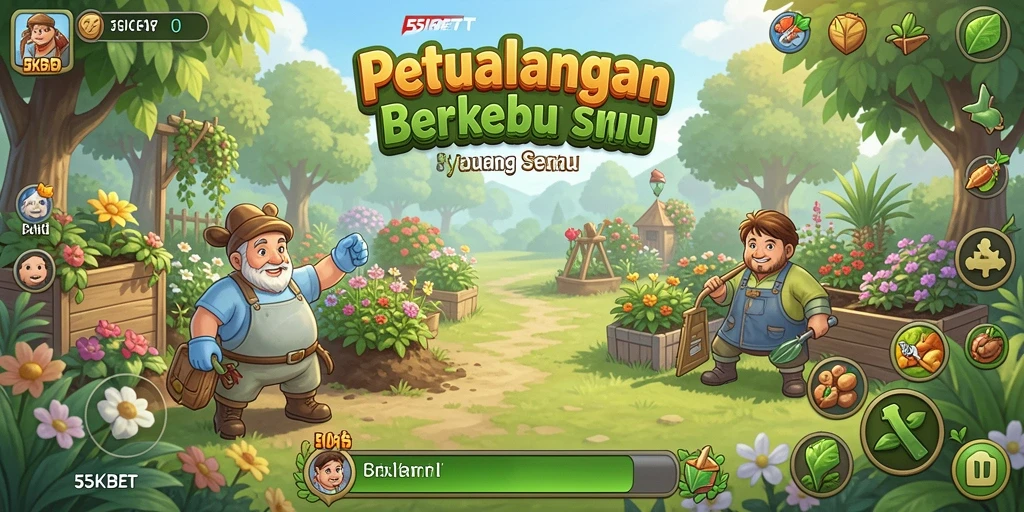 Screenshot gameplay 55KBET yang menunjukkan kebun yang rimbun dan hijau.