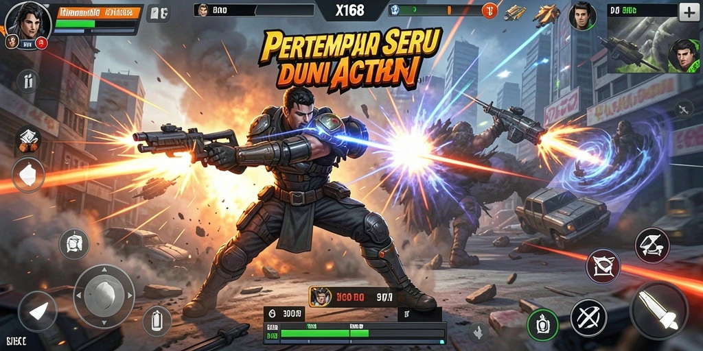 Tampilan gameplay X168 dengan aksi mendebarkan dan karakter yang beragam.